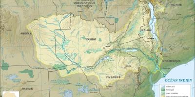 Mapa de Zambia mostrando ríos e lagos