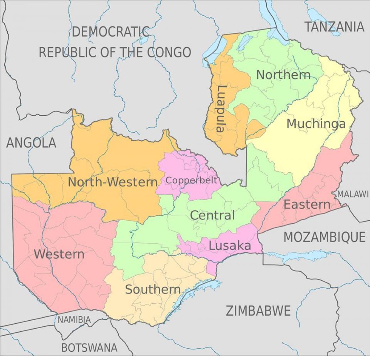 mapa de Zambia mostrando 10 provincias