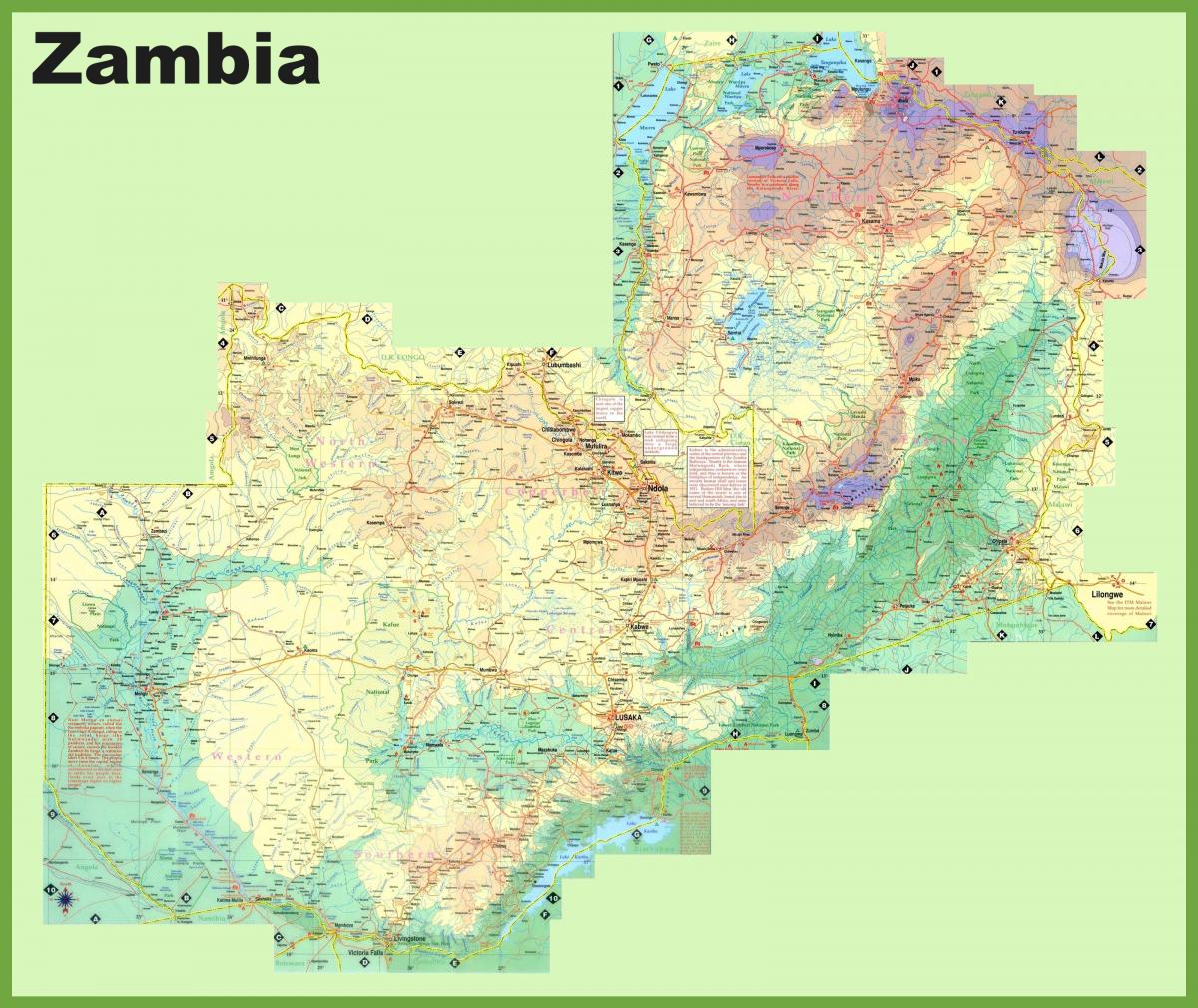 mapa de Zambia mostrando todas as cidades
