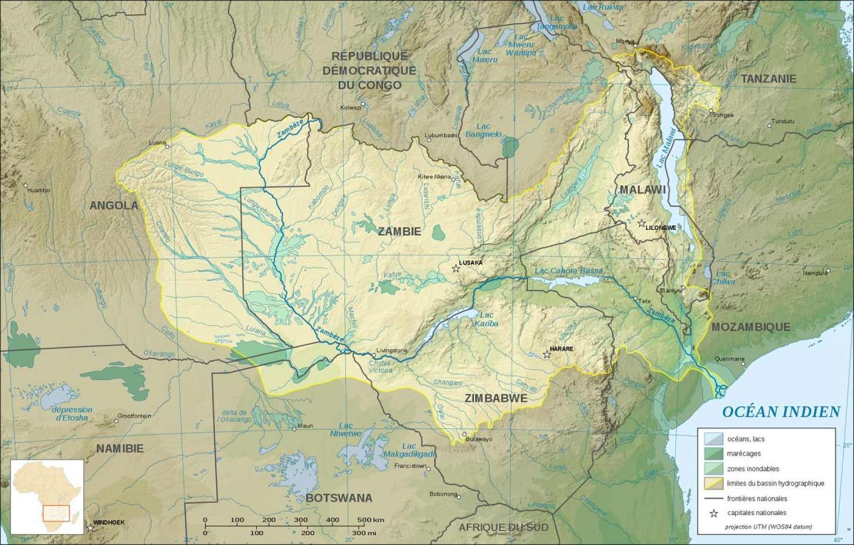 mapa de Zambia mostrando ríos e lagos